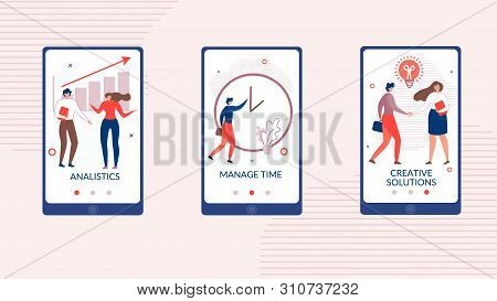 Flat Mobile Application Set For Business Startup. People Cartoon Characters And Advertising Letterin