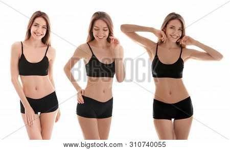 Attractive Sexy Woman Before And After Getting Suntan On White Background