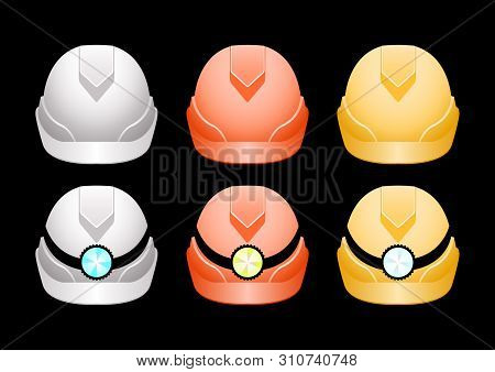 Realistic Set Different Colors Protective Helmets With A Flashlight Isolated On A Black Background. 