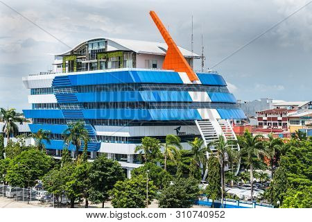 Makassar, Sulawesi, Indonesia - February 28, 2019: Blue, White And Orange Building Named Complex Pt 