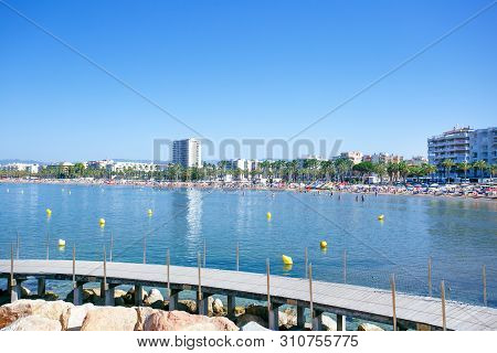 Coastline Costa Dorada, Salou, Spain. A Panoramic View Of The Coastline Of Salou And Its Main Beach,