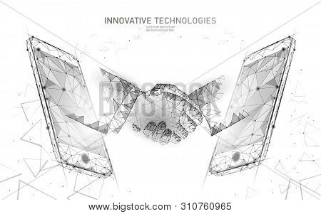 Internet Technology 3d Businessman Handshake. Business Agreement Contract Concept. Success Web Netwo