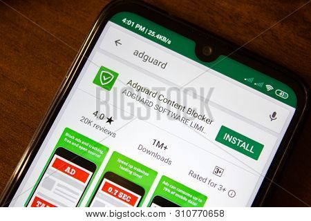 Ivanovsk, Russia - July 07, 2019: Adguard Content Blocker App On The Display Of Smartphone Or Tablet