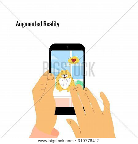 Human Hand Is Holding Smartphone With Augmented Reality App On Screen Showing Hologram Of A Dog