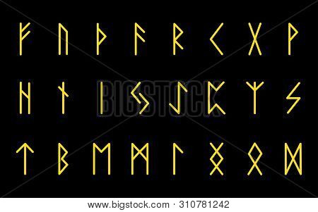 Set Of Ancient Norse Runes. Runic Alphabet, Futhark. Ancient Occult Symbols. Illustration. Old Germa