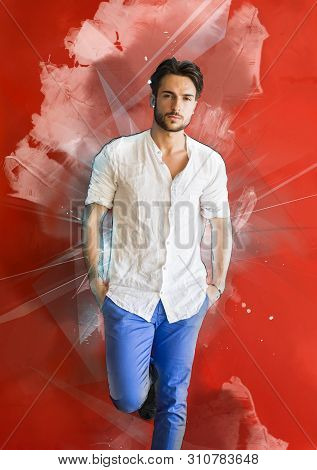 Stylish Trendy Young Man Standing Outdoor Red Wall