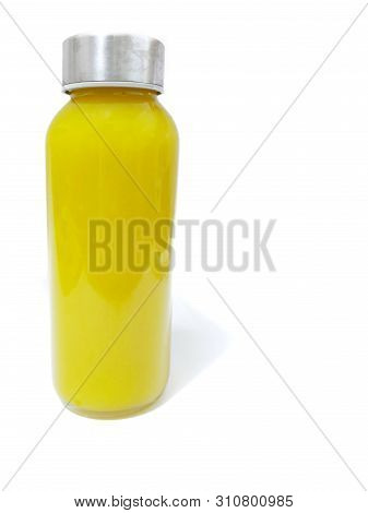 Fresh Pumpkin Juice In Bottle Isolated On White Background, Healthy Drink