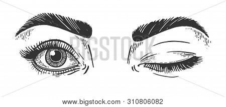 Female Flirt Winking Eyes Sketch Engraving Vector Illustration. Scratch Board Style Imitation. Hand 