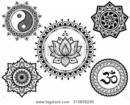 Set Of Circular Patterns In Form Of Mandala With Religious Symbols. Oriental Signs Om, Yin-yang, Lot