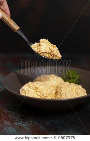 Serbian Salad Called Urnebes Of Cheese And Chili Peppers, Paprika Powder, Chopped Peppers And Dry Pe
