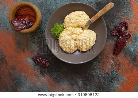 Serbian Salad Called Urnebes Of Cheese And Chili Peppers, Paprika Powder, Chopped Peppers And Dry Pe