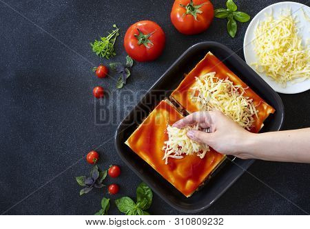 Recipe For Homemade Italian Lasagna With Tomato Sauce And Meat. Phased Recipe. Cooking Lasagna. Spri