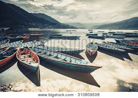 Boats on Pokhara Fewa Lake in Nepal