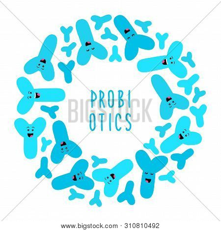 Funny Probiotics Bacteria Family Background Isolated On White, Gut And Intestinal Flora, Set In Flat