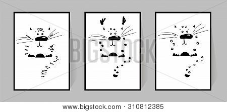 Silhouettes Of Cartoon Wild Animals. Monochrome Poster With Cats. Funny Characters For Printing Wall