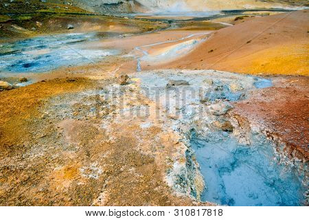 Fumarole Field In Namafjall, Iceland. Geothermal Beauty Landscape.