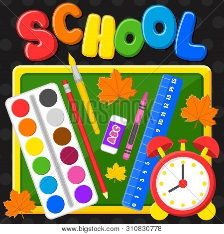 Back To School. First Day Of School. Colorful Title And Elements In Black Background. Vector Illustr