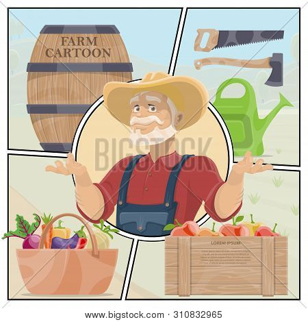 Cartoon Farm Colorful Composition With Ax Saw Watering Can Wooden Barrel Farmer Crate Of Apples And 