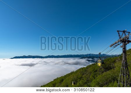 Panorama View From Unkai Terrace In Summer Time Sunny Day. Take The Cable Car At Tomamu Hoshino Reso