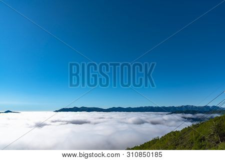 Sea Of Clouds. Panorama View From Unkai Terrace In Summer Time Sunny Day. Take The Cable Car At Toma
