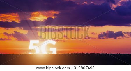 5g Rises Above The Horizon. Network Wireless Systems And Internet Of Things On Surise Background. Co