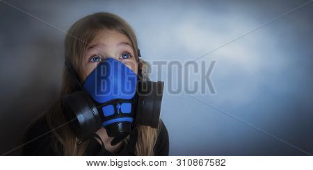 Young Girl Wearing Gasmask, Respirator Portrait. Effects Of Worldwide Air Pollution, Industrial Infl