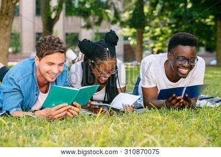 Mixed Race Relaxed Friends Reading Books Prepaing For Exams In Meadow At Autumn Park Lying On Plaid 