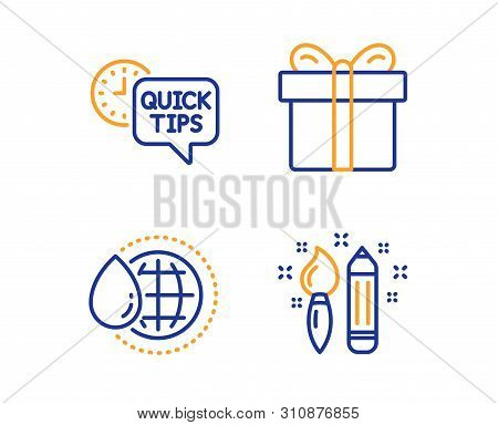 Quick Tips, World Water And Gift Box Icons Simple Set. Creativity Sign. Helpful Tricks, Aqua Drop, P