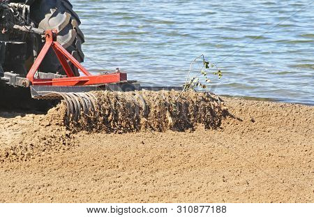 Tractor With Large Metal Rake Attached Sifting, Raking And Clearing Debris At A Public Beach In Earl