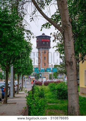 Gyor Hungary 05 12 2019 Advertisement Of The Arkad Shopping Mall On An Old Water Tower In Gyor