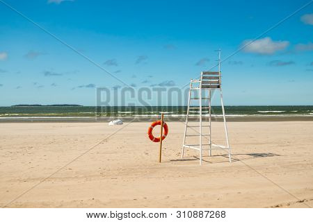 Lifeguard Tower And Lifering On Beautiful Sandy Beach Yyteri At Summer, In Pori, Finland