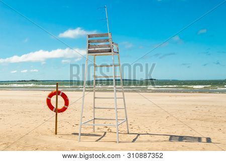 Lifeguard Tower And Lifering On Beautiful Sandy Beach Yyteri At Summer, In Pori, Finland
