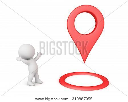 3D Character Looking Exicted At Large Red Location Pin