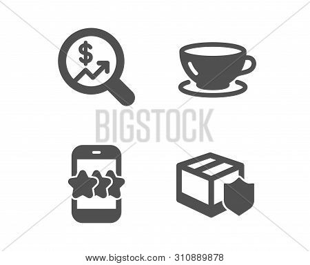 Set Of Star, Espresso And Currency Audit Icons. Delivery Insurance Sign. Phone Feedback, Coffee Cup,
