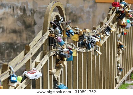 Prague, Czech - April 24, 2012: These Are The Traditional Locks Of Love On The Railing Of The Bridge