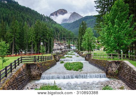 Rienz River In Old Town Of Bruneck, South Tyrol