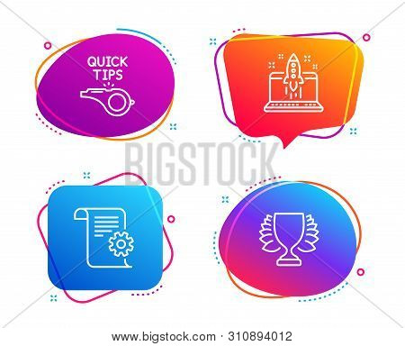 Start Business, Technical Documentation And Tutorials Icons Simple Set. Winner Sign. Launch Idea, Ma