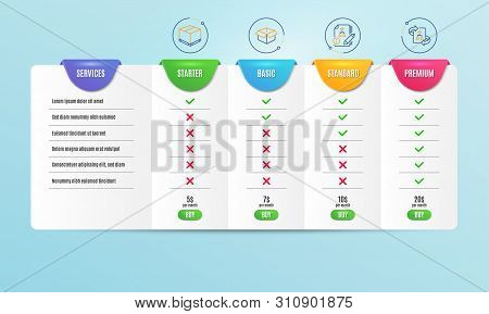 Algorithm, Delivery Box And Opened Box Icons Simple Set. Comparison Table. Technical Algorithm Sign.
