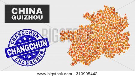 Vector Collage Of Flame Guizhou Province Map And Blue Rounded Scratched Changchun Seal. Fiery Guizho
