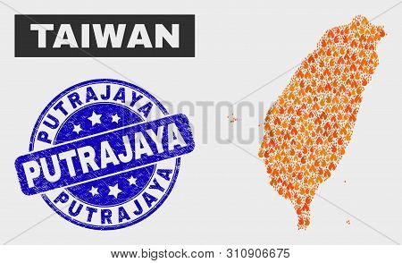 Vector Composition Of Fire Taiwan Map And Blue Round Scratched Putrajaya Seal. Fiery Taiwan Map Mosa