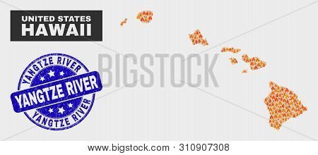 Vector Composition Of Fire Hawaii State Map And Blue Round Textured Yangtze River Seal Stamp. Orange