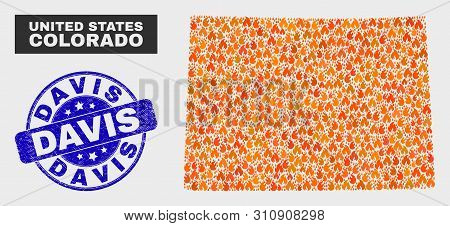 Vector Composition Of Flame Colorado State Map And Blue Round Textured Davis Seal Stamp. Fiery Color