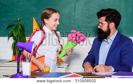 Surprise. Knowledge Day Is 1 September. Small School Girl Kid With Flower Bouquet. Teachers Day. Dau