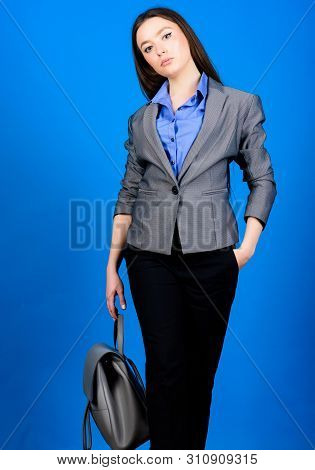 Stylish Woman In Jacket With Leather Backpack. Girl Student In Formal Clothes. Student Life. Smart B