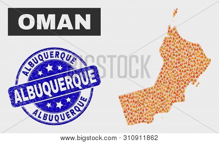 Vector Collage Of Flame Oman Map And Blue Round Scratched Albuquerque Seal Stamp. Orange Oman Map Mo