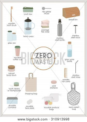Vector Illustration. Infographic Template, Set Of Elements Of Eco, Green And Zero Waste Lifestyle. K