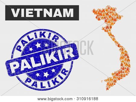 Vector Composition Of Fire Vietnam Map And Blue Round Distress Palikir Stamp. Fiery Vietnam Map Mosa