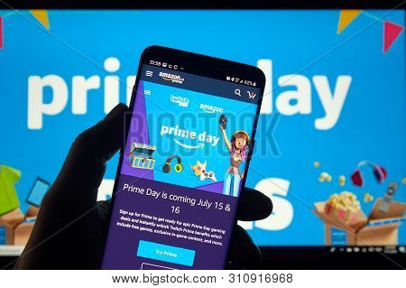 Montreal, Canada - July 11, 2019 : Amazon Prime Day Page And Twitch Logo On Phone Screen Over Amazon