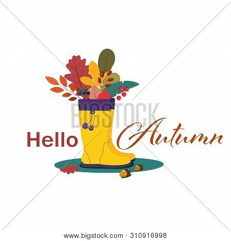 A Cute Yellow Rain Boots With Colorful Leaves Inside. Simple Flat Cartoon Illustration, Hello Autumn