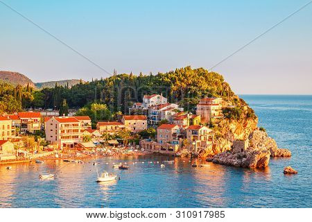 Picturesque Summer View Of Adriatic Sea Coast In Budva Riviera. Przno Village With Buildings On The 